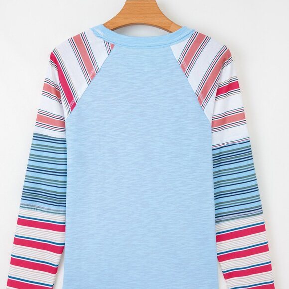 B354 Pink Color Block Round Neck Exposed Seam Patchwork Striped Long Sleeve Top - Picture 10 of 11